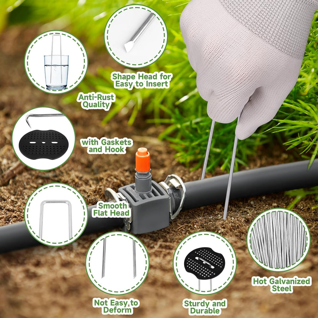 JELNER Garden Stakes,6 Inch 11 Gauge 100pcs Galvanized Landscape Staples + 100pcs Gaskets + 1Pick Hook, Tent Stakes