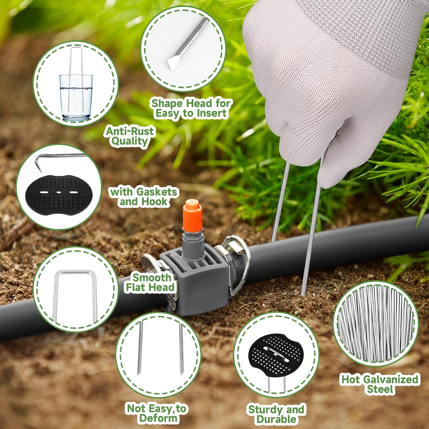 JELNER Garden Stakes,6 Inch 11 Gauge 100pcs Galvanized Landscape Staples + 100pcs Gaskets + 1Pick Hook, Tent Stakes