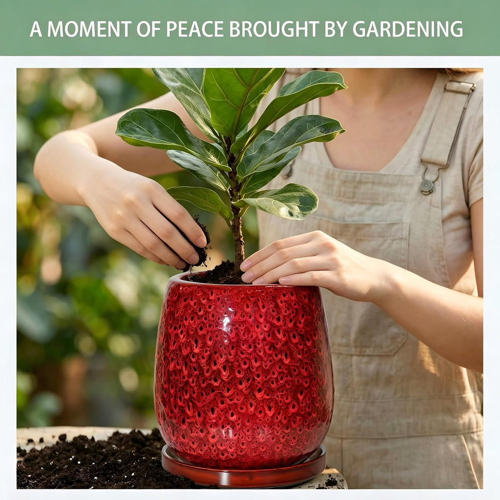 10.3 Inch Ceramic Glaze Plant Pot with Saucer, Flower Pots with Drainage Hole Mesh Net (Spot Red)