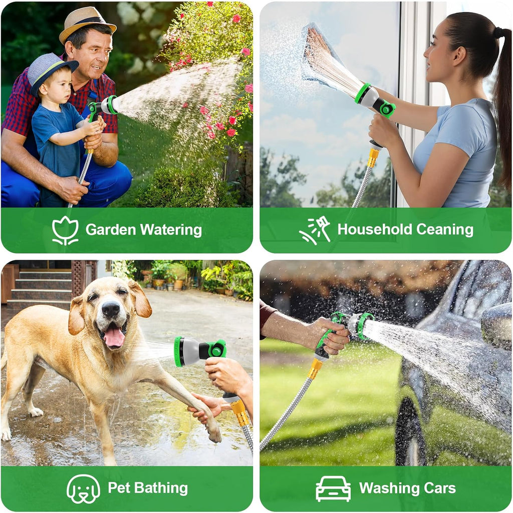 Garden Hose 50FT, Stainless Steel Metal Water Hose with 10-Function Nozzle | No-Kink, Leak-Proof, Wear-Resistant, 3/4