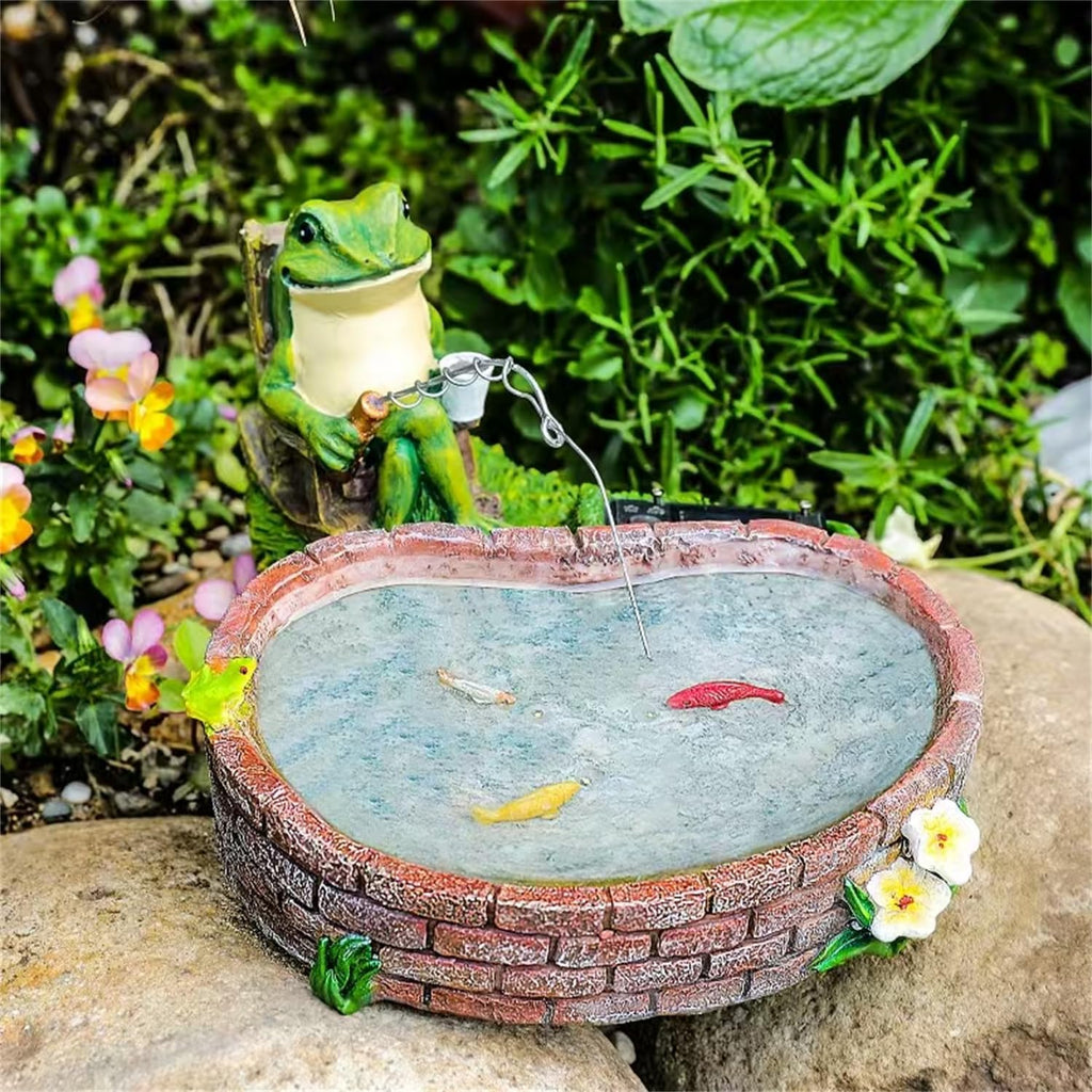 Solar Frog Fishing Statue Frog Garden Decor Lawn Ornament | Made Of Weather-Resistant Resin，Solar-Powered Led-Lit Fish