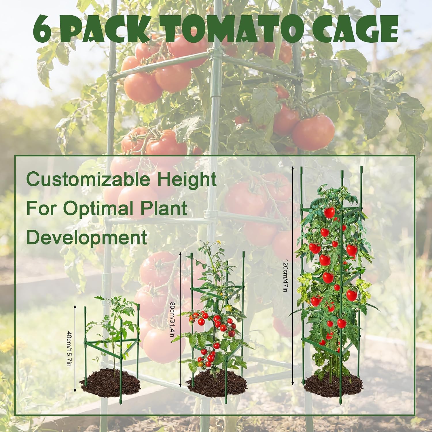 6-Pack 48'' (4ft) Tomato Cages & Trellis – Outdoor Garden Adjustable Plant Support & Stakes for Home Gardeners, Raised