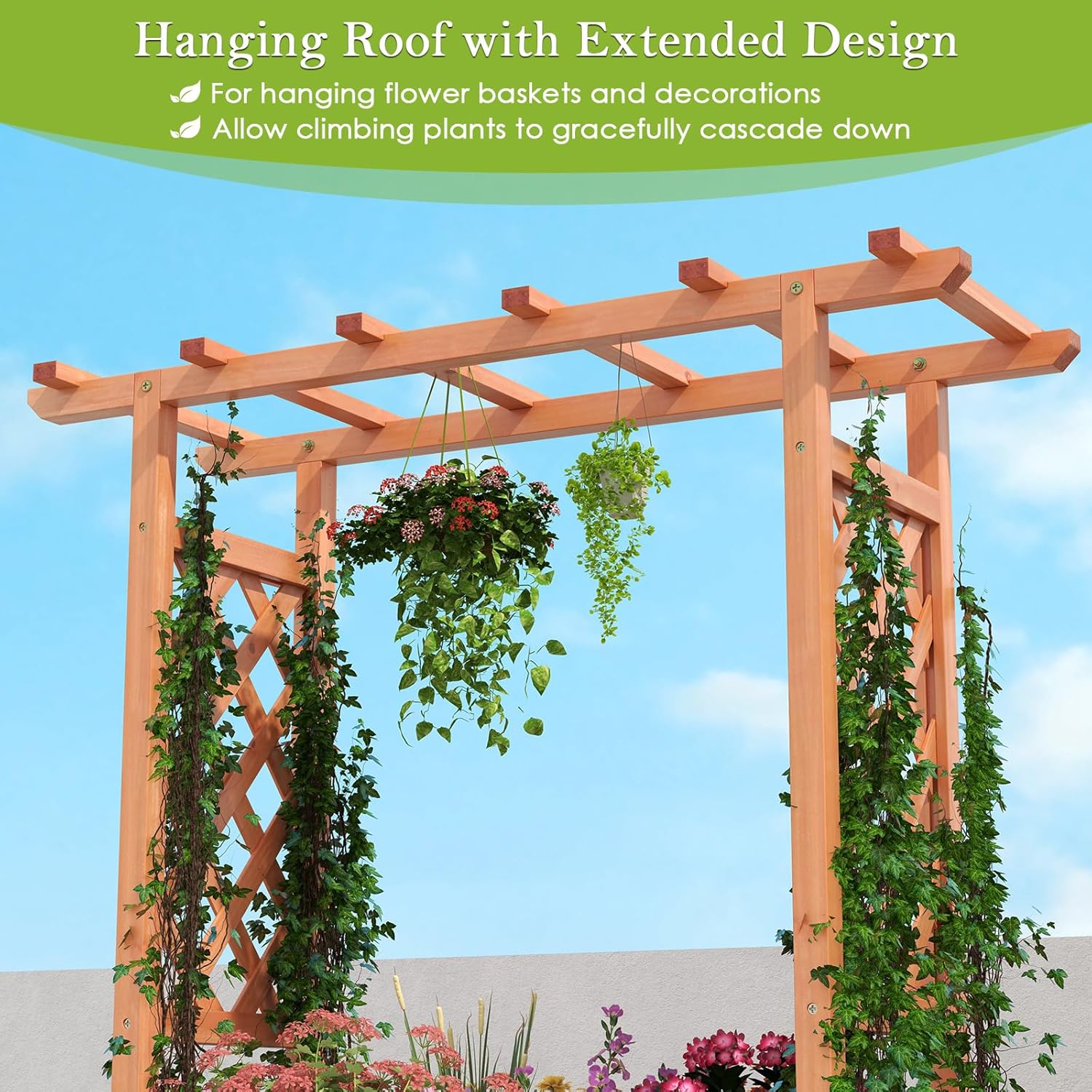HAPPYGRILL Raised Garden Bed with Trellis & Hanging Roof, Drainage Holes | Wooden Elevated Planter Box w/Removable