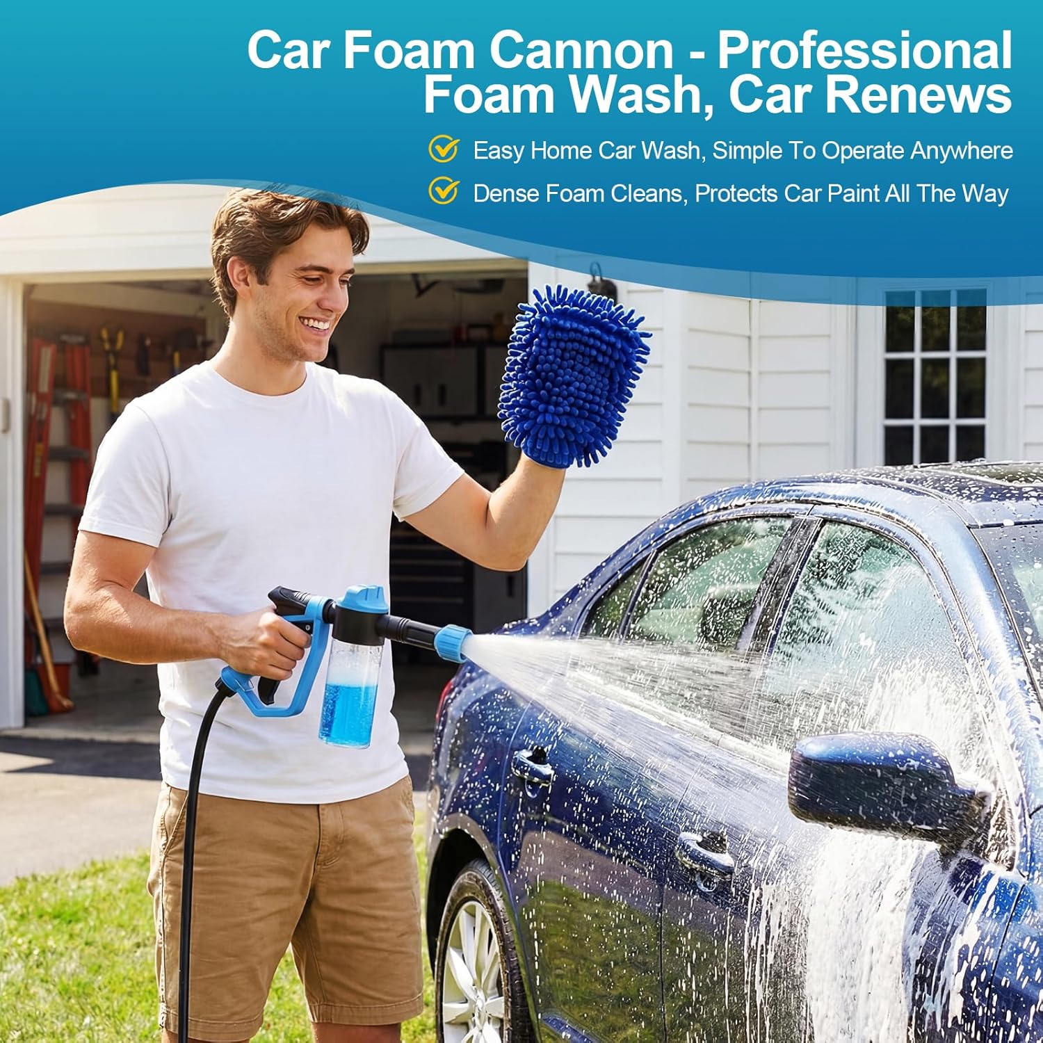 Car Wash Foam Gun for Garden Hose, with Microfiber Wash Mitt, Foam Sprayer | 3 spray modes & 50% higher water Pressure