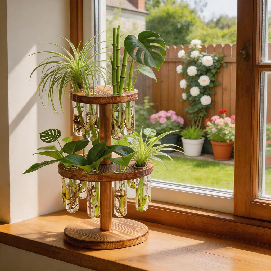 Plant Propagation Station, Plant Terrarium With Wooden Stand, 15 Tube Vases | Retro Rotation Plant Stand for