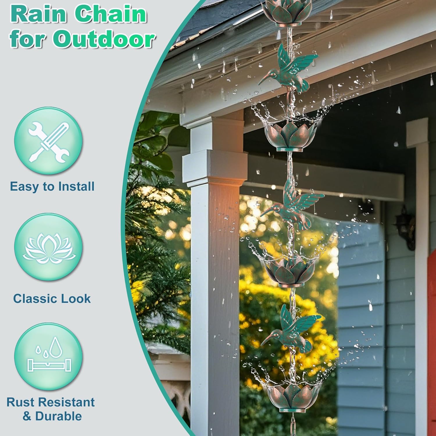 Rain Chain for Gutters Downspouts Outside,8.8ft Hummingbird Rain Chain with 12 Copper Lotus Rain Chain Cups,Functional