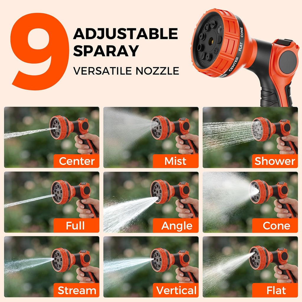 Upgraded Retractable Garden Hose Reel 5/8 inch x 100 ft Wall-Mounted 9 Pattern Nozzle Any Length Lock Automatic Slow