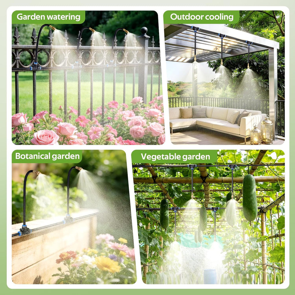 HIRALIY 100FT Misting Irrigation Kit | Quick-connect watering system with 16 adjustable 360° mist nozzles for raised