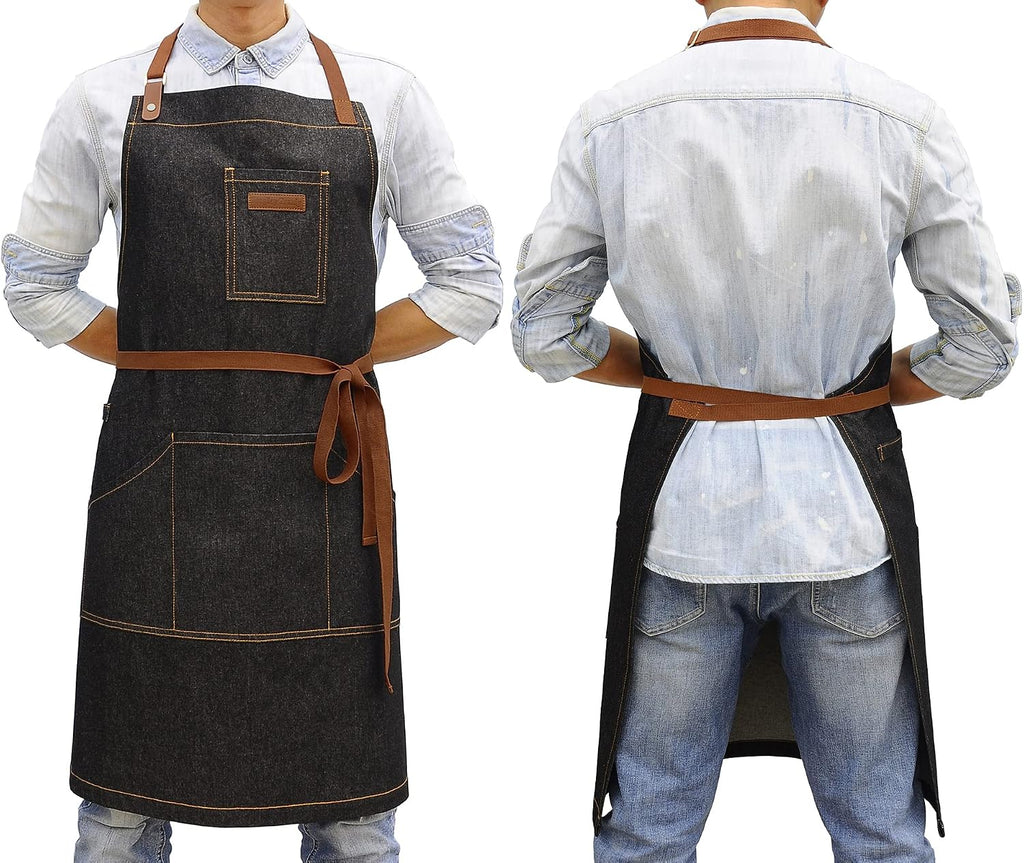 Black Kitchen Apron with Pockets & Towel Loop for Men Women, Denim | Professional for Chef Cooking BBQ Grill Gardening