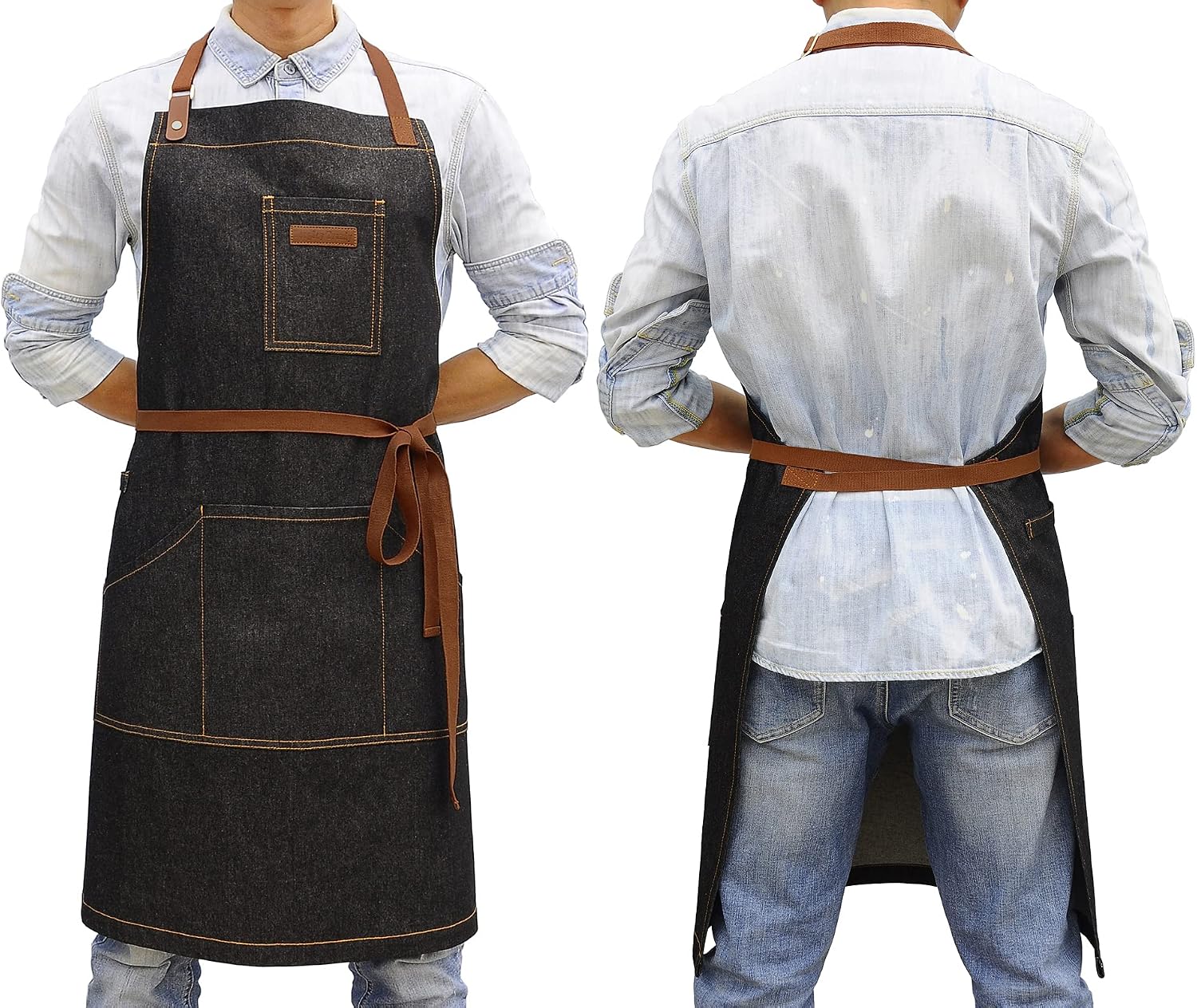 Black Kitchen Apron with Pockets & Towel Loop for Men Women, Denim | Professional for Chef Cooking BBQ Grill Gardening