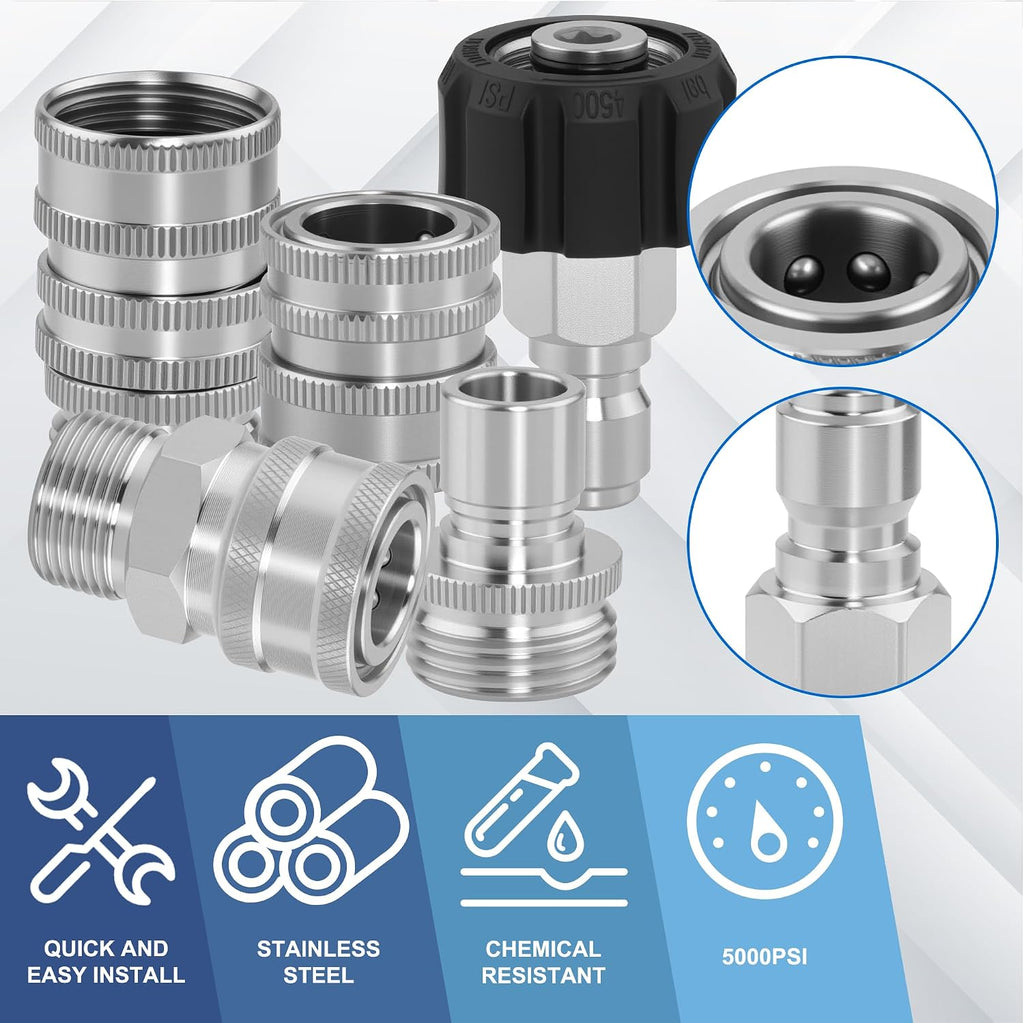 8 Pcs Quick Connect Pressure Washer Kit,M22-14 mm Swivel to 3/8" | Stainless Steel Quick Connector Adapter Fitting,3/4