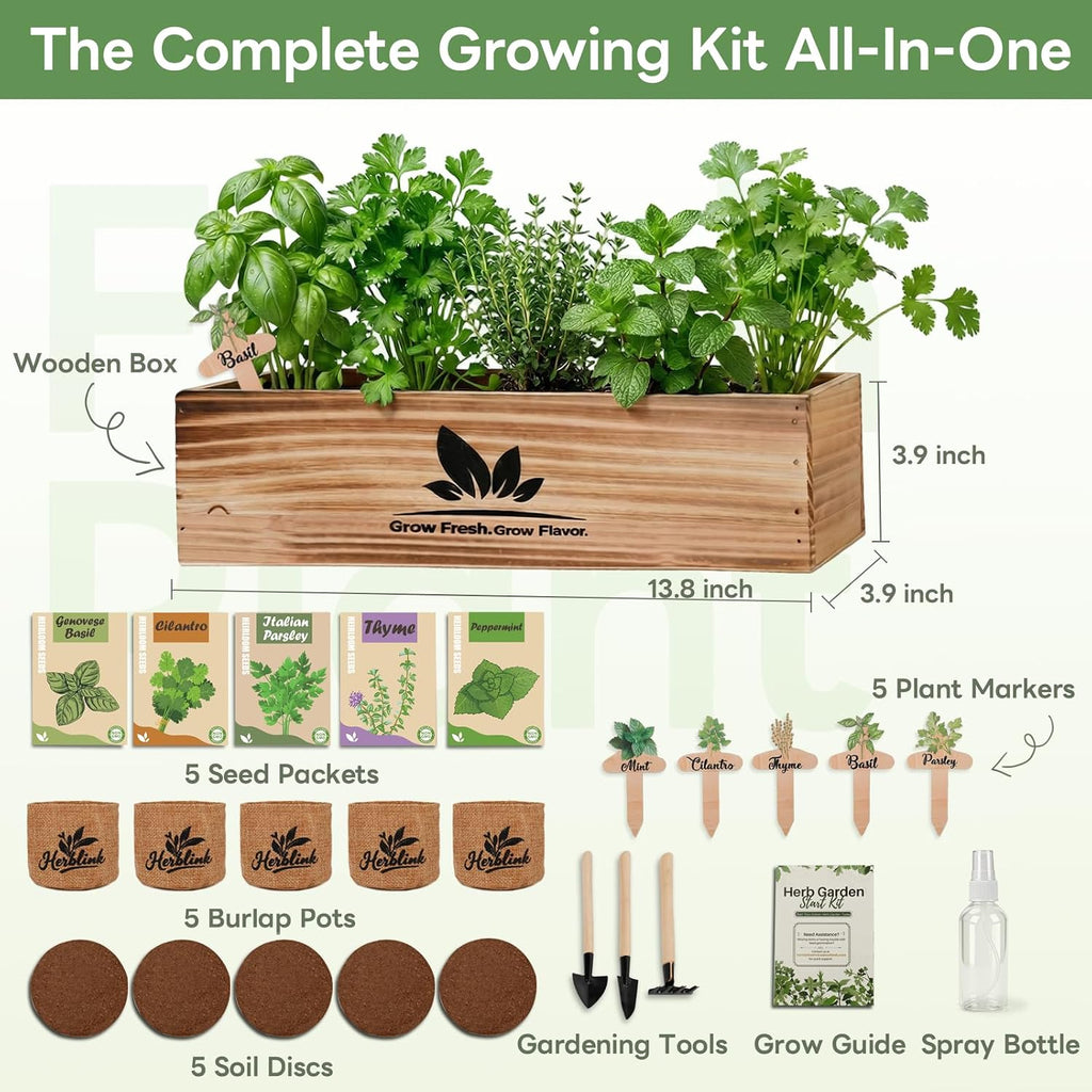 Indoor Herb Garden Starter Kit, Unique Gifts 5 Herb Garden Planter Indoor Kit with Wooden Box Including Basil