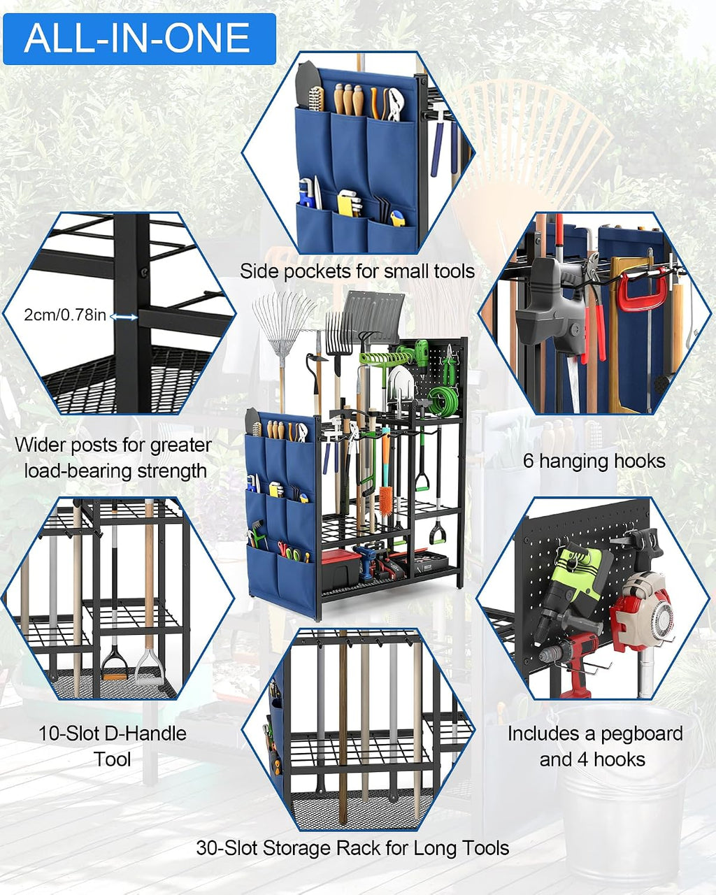 Garden Tool Organizer with Pegboard, Yard Tool Holder Standing for Garage Organization, Up to 30 Long-Handled/10