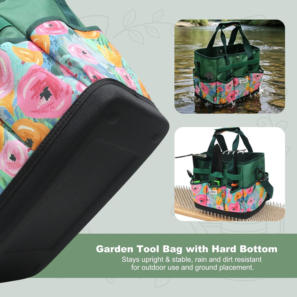 Hard Bottom Floral Garden Tool Tote Bag with Shoulder Strap | Gardening Tote Organizer with 8 pockets, Padded Handles