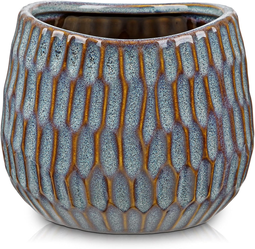 Oairse Small Ceramic Pots for Plants, 4.9 inch Blue Plant Pot Indoor with Drainage Ceramic Planters for Indoor Plants