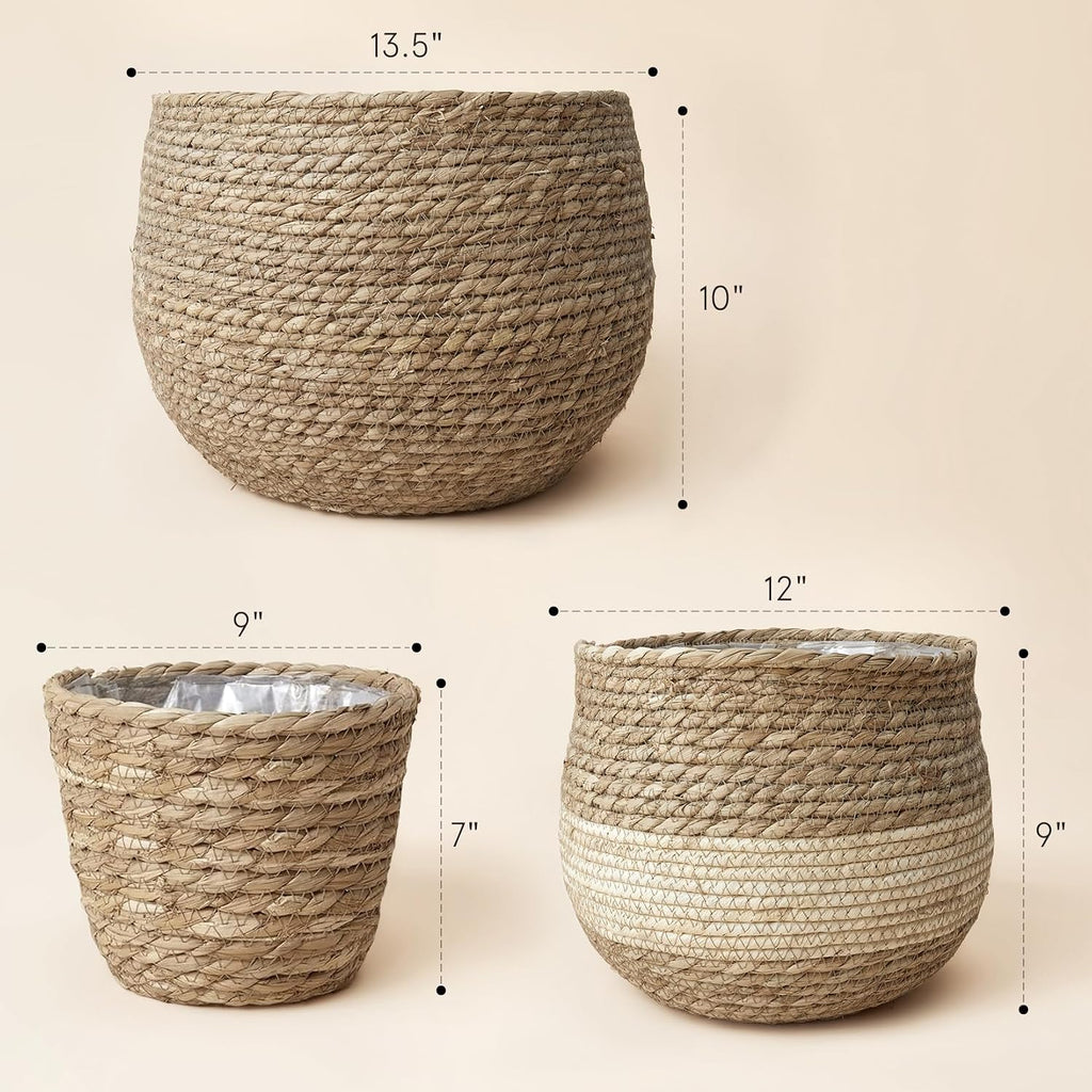 LA JOLIE MUSE Seagrass Basket Planters for Indoor Plants, Flower Pot 3 Pack | 13.5+12+9 Inch, Handwoven Natural
