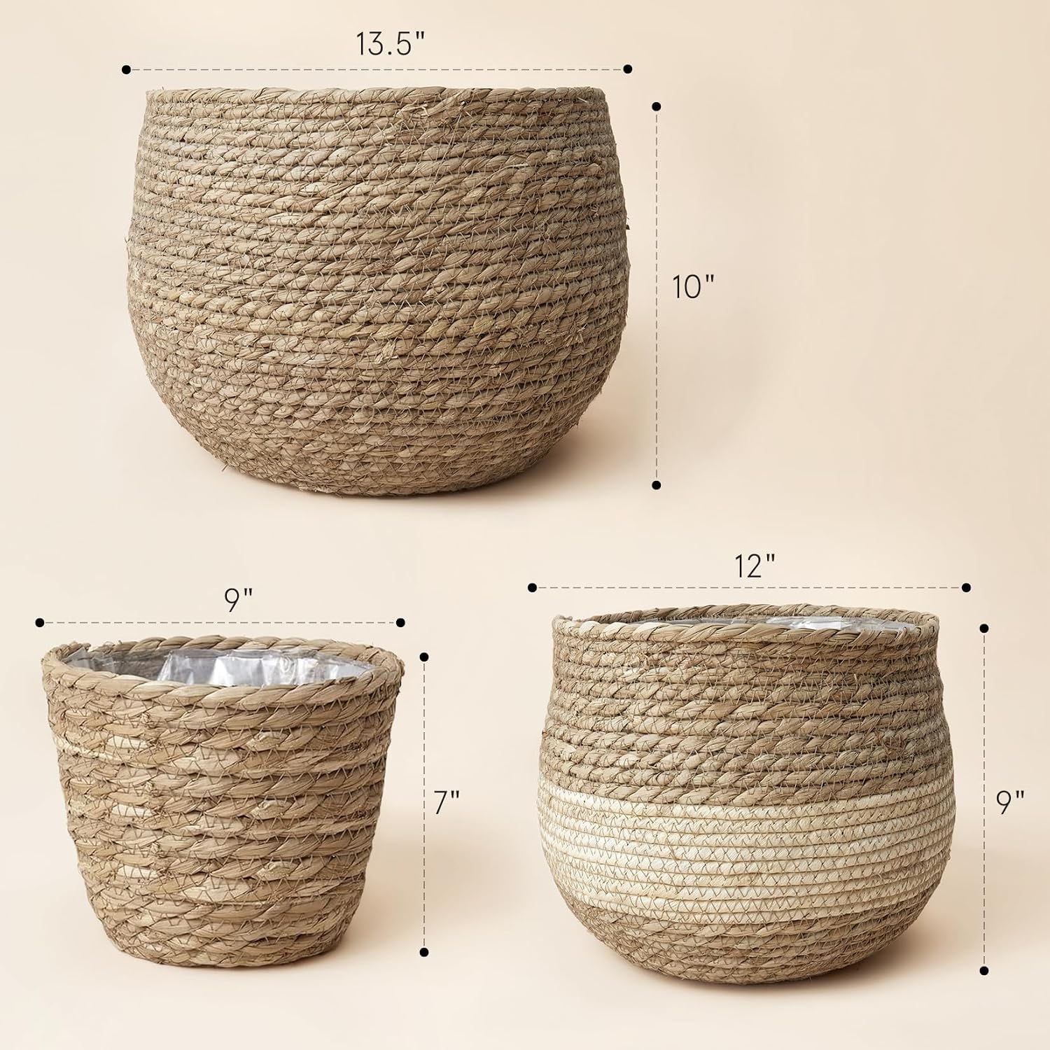 LA JOLIE MUSE Seagrass Basket Planters for Indoor Plants, Flower Pot 3 Pack | 13.5+12+9 Inch, Handwoven Natural