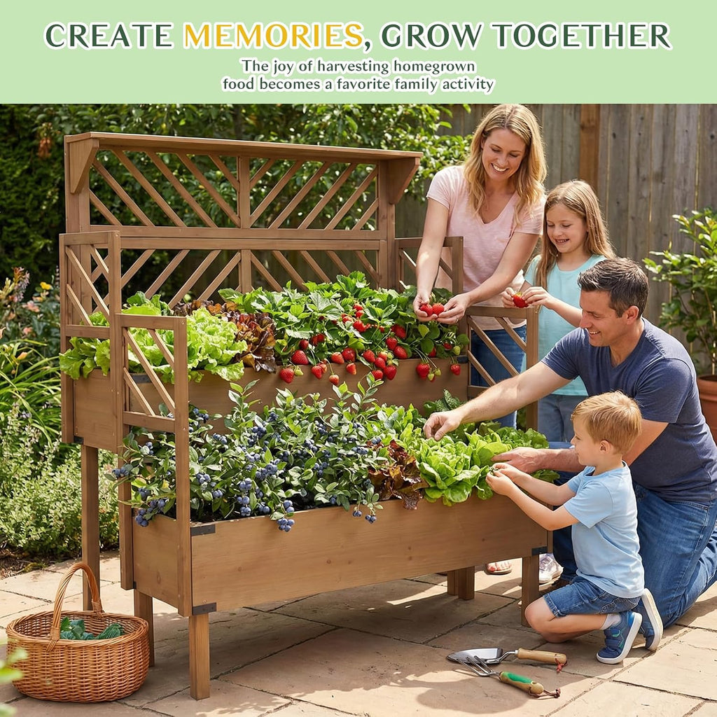 Raised Garden Bed Outdoor with Lattice Trellis, 47.2''H Wood Outdoor Flower Plant Stand with Two Planting Areas, Metal