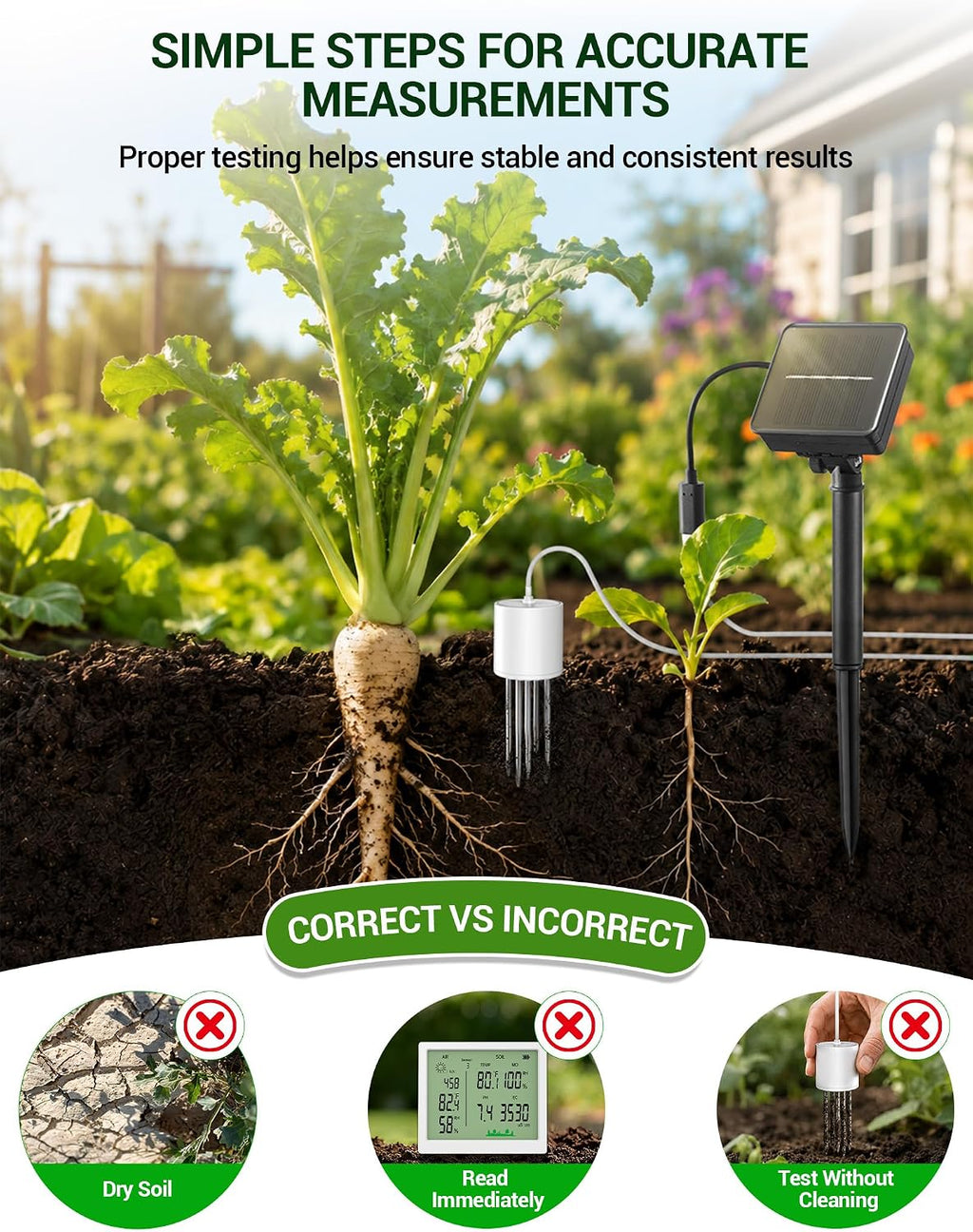 7-in-1 Wireless Soil Test Kit, Solar Powered Soil Moisture Meter with Expandable Probes, Soil pH Tester for