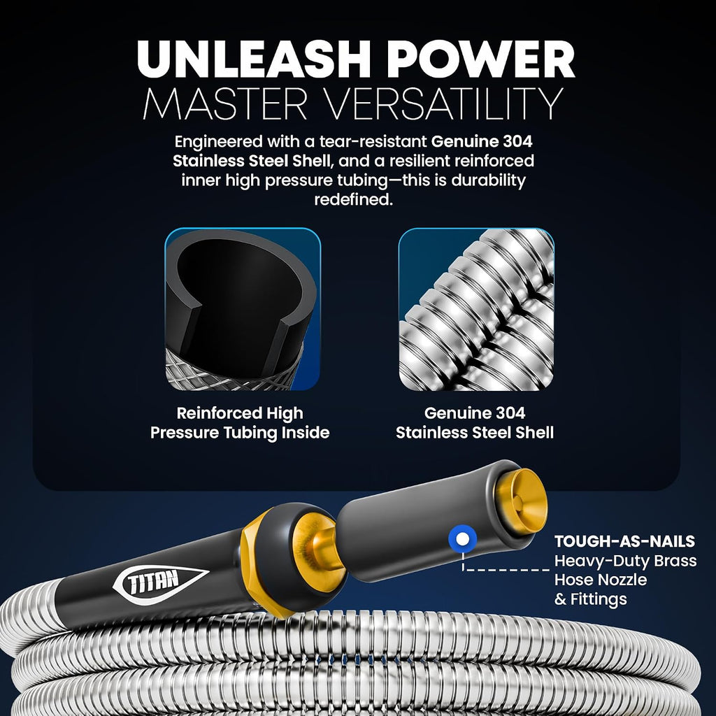 TITAN Garden Hose 50FT - 304 Stainless Steel Metal Water Hose, Flexible, Kink-Free, Lightweight, Durable, Crush