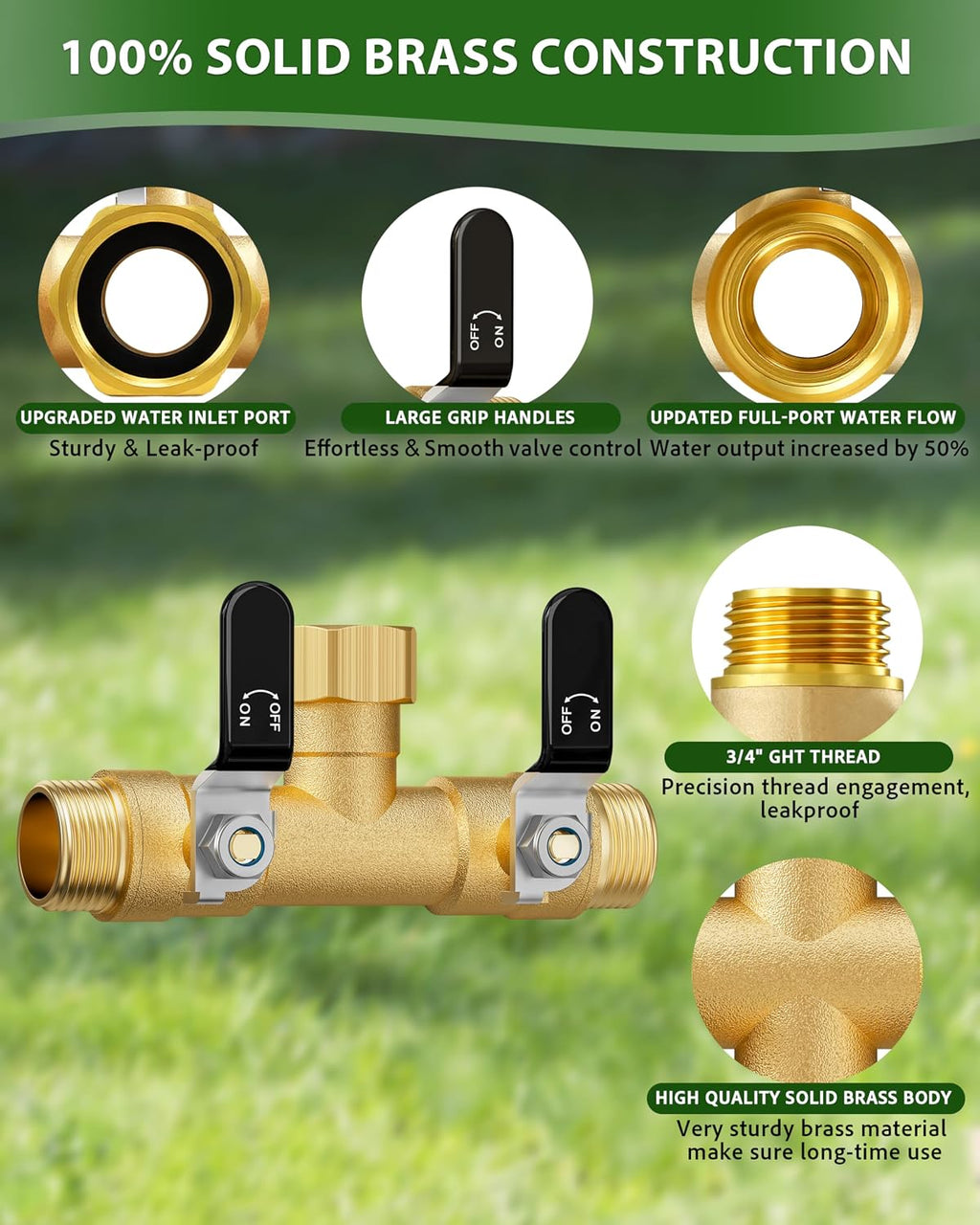Hose Splitter 2 Way, Heavy Duty Brass Garden Hose Splitter, Water Hose Bib Spigot Splitter with 0.59" Full Flow Ball