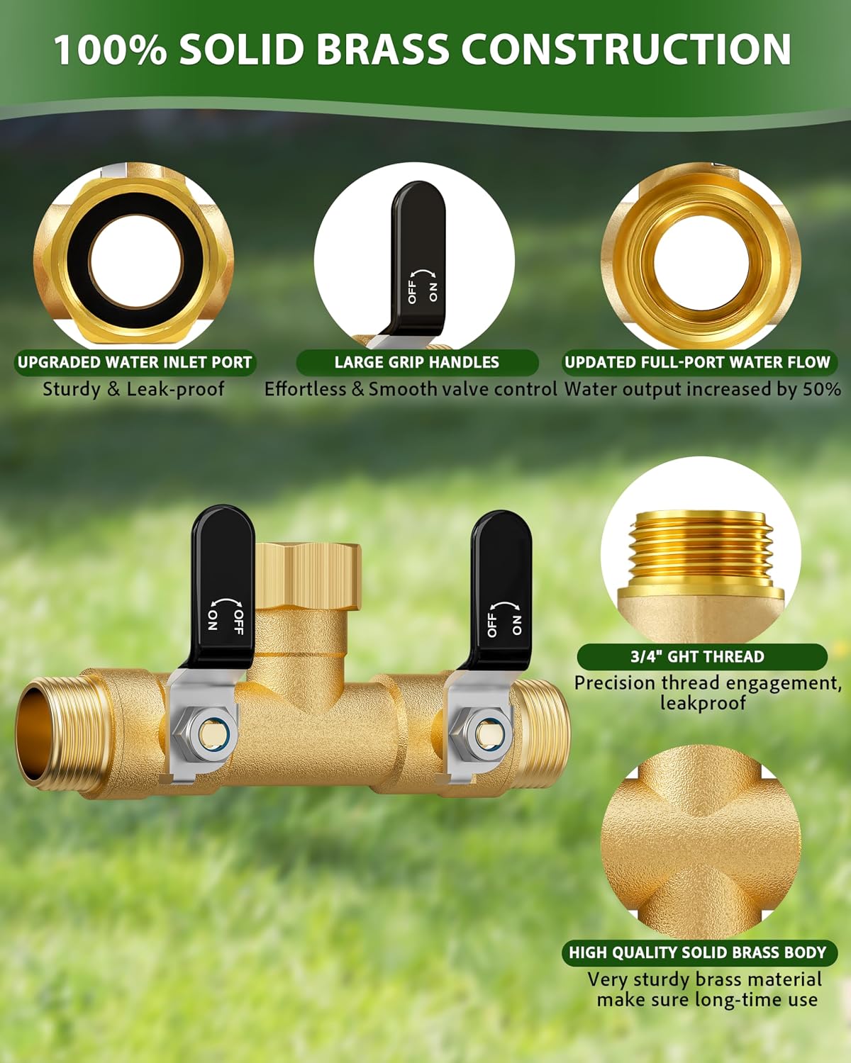 Hose Splitter 2 Way, Heavy Duty Brass Garden Hose Splitter, Water Hose Bib Spigot Splitter with 0.59" Full Flow Ball