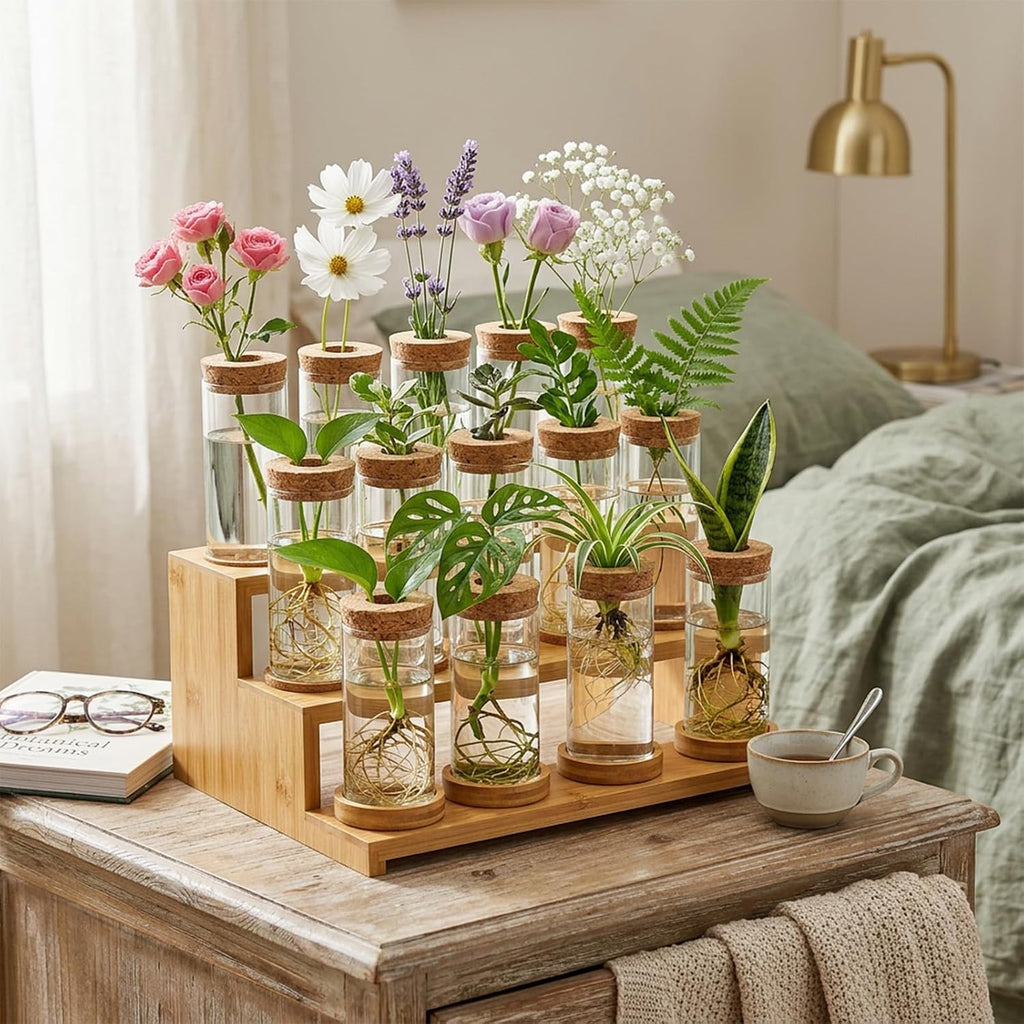 16 Pcs Propagation Vases with Bamboo Stand and Hole Lid, Glass Plant Propagation for Plants Water Hydroponic Desktop
