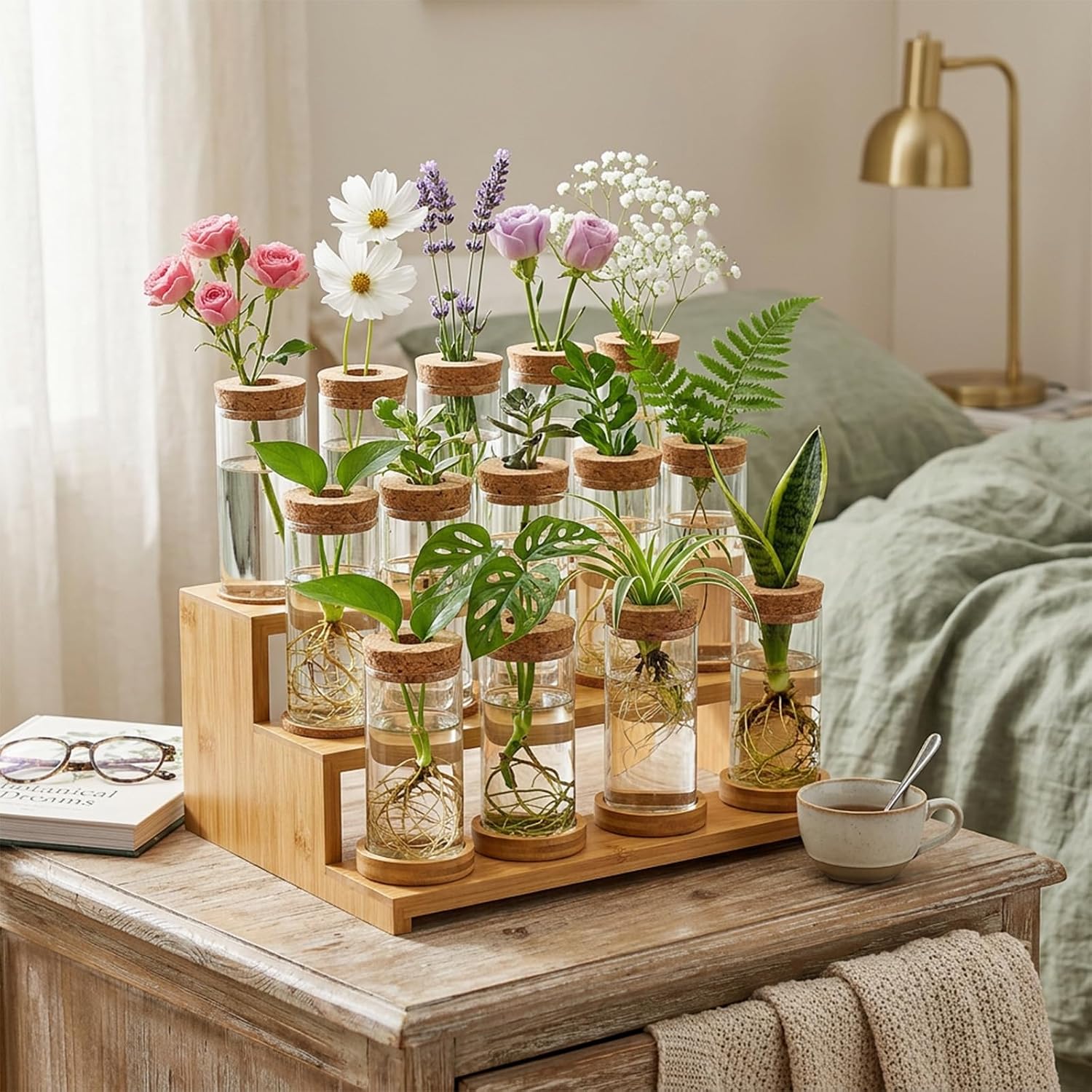 16 Pcs Propagation Vases with Bamboo Stand and Hole Lid, Glass Plant Propagation for Plants Water Hydroponic Desktop
