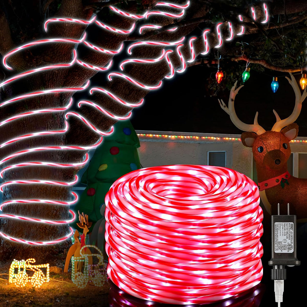 Hiboom 98.4 ft Christmas Candy Cane Rope Lights, 8 Lighting Modes Outdoor Waterproof Christmas Rope Lights with Timer for Terrace Tree Fence Patio Garden Yard Decor(1 Pack)