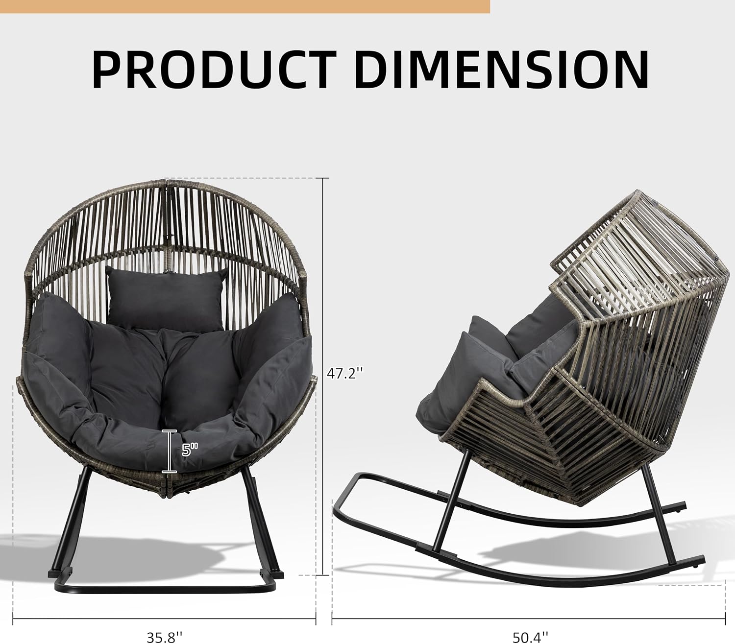 Egg Chair Rocking Chairs, Wicker Patio Chair Oversized Lounger Chair with Cushion for Indoor Living Room Bedroom