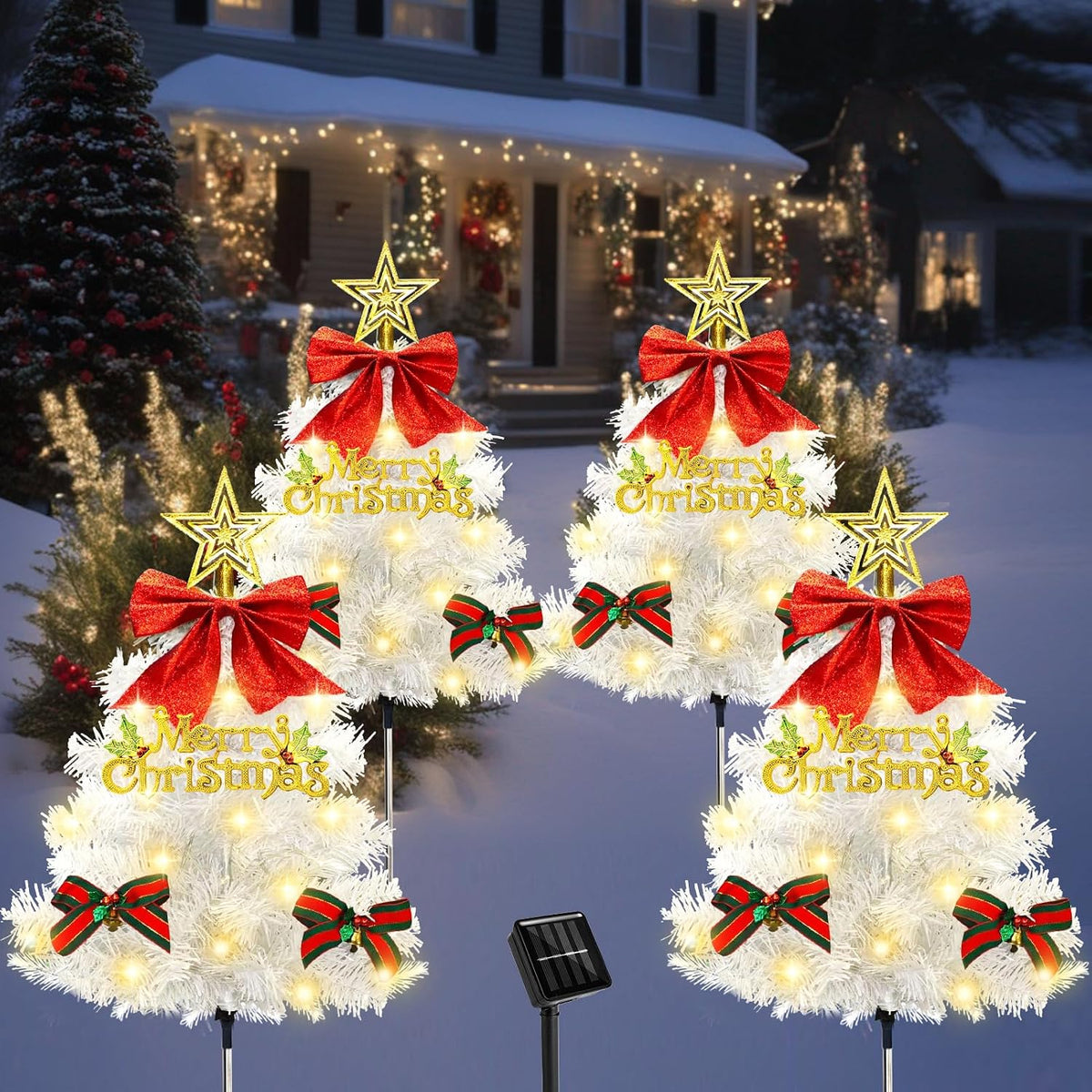 Christmas Tree Solar Pathway Lights Outdoor Decor, 4 Pack, White