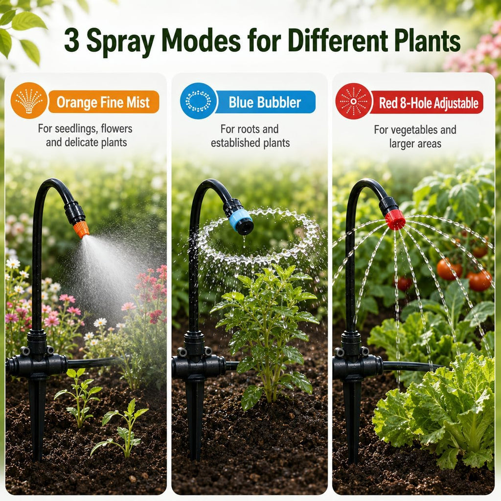 100FT 5/16" Drip Irrigation Kit, 18 Emitters for Raised Beds | 18 flexible gooseneck emitters with 3 spray modes for