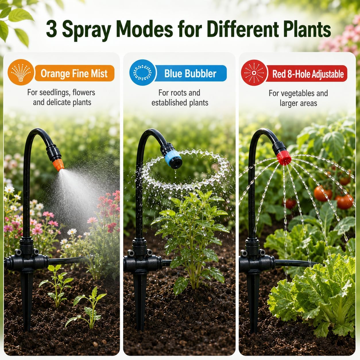 100FT 5/16" Drip Irrigation Kit, 18 Emitters for Raised Beds | 18 flexible gooseneck emitters with 3 spray modes for