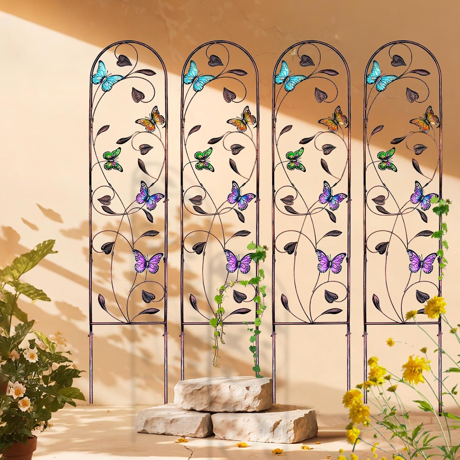 aboxoo 4-Pack Butterfly Metal Garden Trellis, 60" Decorative Outdoor Fence | For climbing