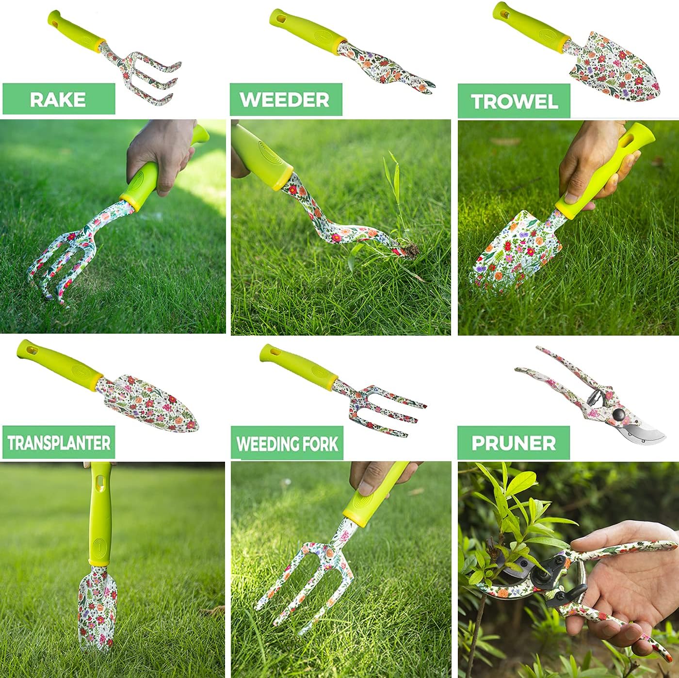 Garden Tool Set 9 Piece Heavy Duty Aluminum Gardening Hand Tools Kit Cute Gardening Supplies with Non-Slip Rubber Grip