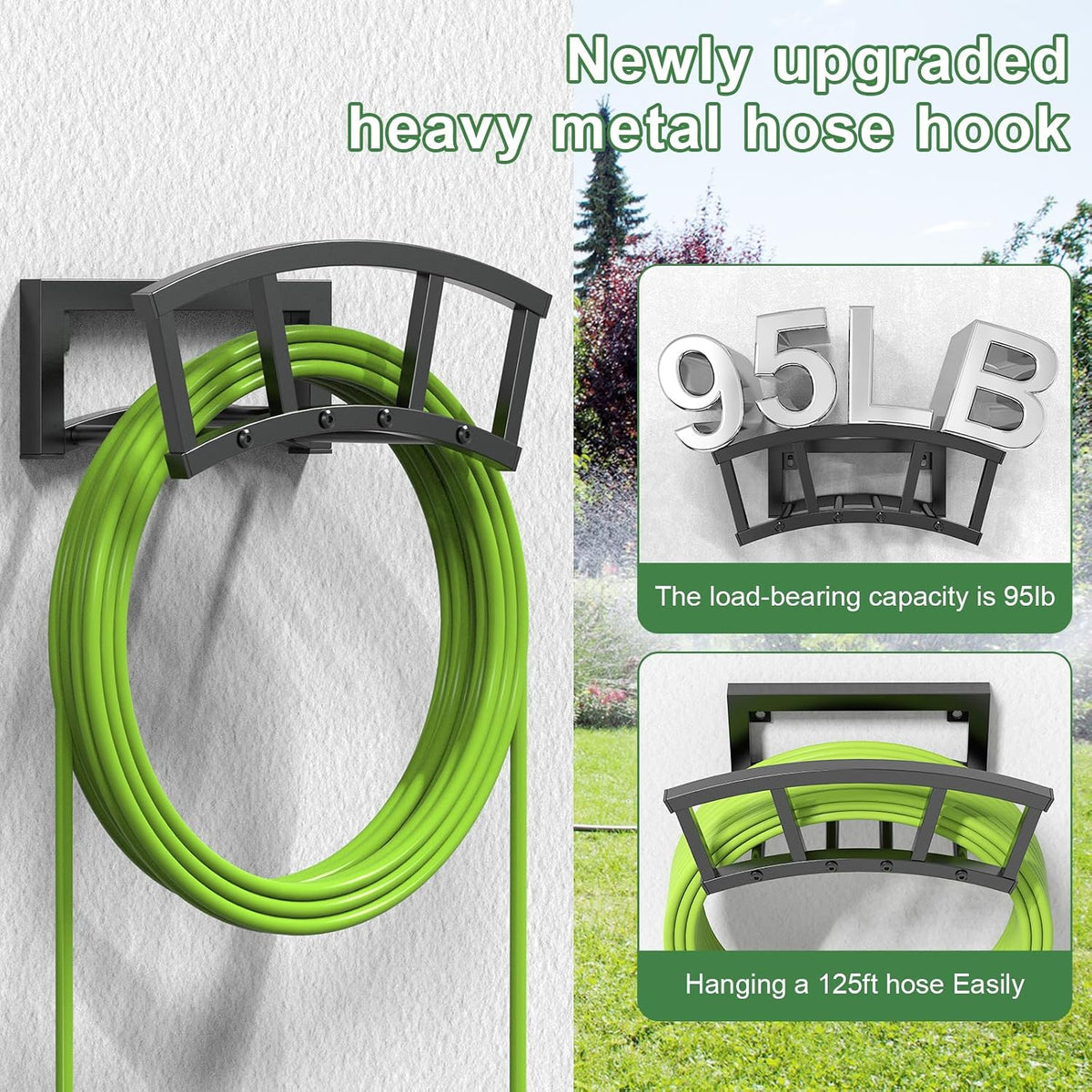 OLV Garden Hose Holder Wall Mounted, Outdoor Heavy Duty Metal Water Hose Holder Hanger Holds 125-ft Water Pipe, Sturdy
