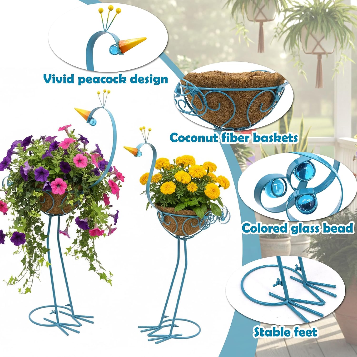 Peacock Metal Plant Stand 2 Sets Flower Pots Holders, Planters for Outdoor | J-Fly; Plants with Coconut Pots, Front