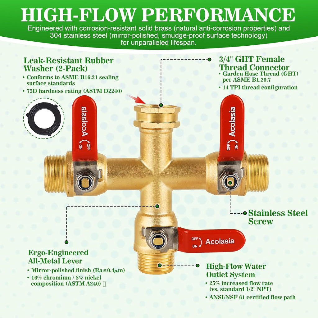 Hose Splitter 3 Way Heavy Duty Brass Garden Hose Splitter with 304 Stainless Steel Long Handle Outdoor Full Flow Hose