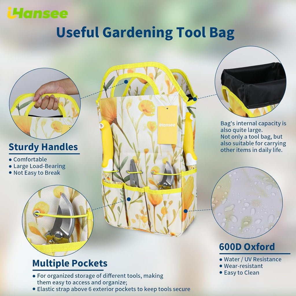 Yellow Garden Tools Set 10 Pieces, Gardening Gifts for Women | Aluminum Alloy Steel Hand Tool Kit w/Non-Slip Ergonomic