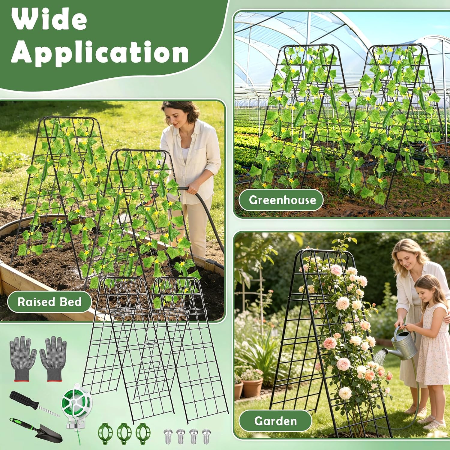2 Pack Heavy Duty Cucumber Trellis 43.3’’x15.7’’ A-Shaped Garden Trellis | Metal Plant Support with Twist Tie and Clips