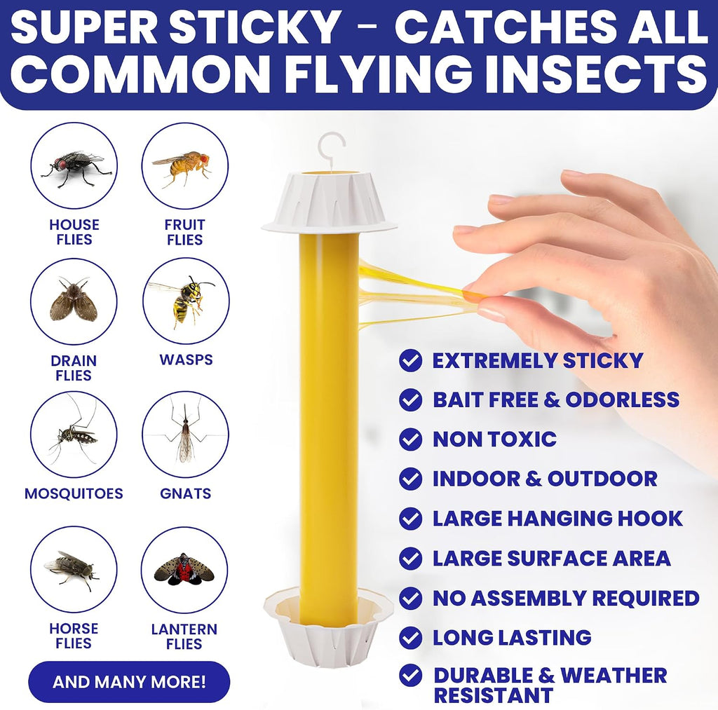 Fly Stick Sticky Fly Traps for Indoors Outdoor 6pk. Non-Toxic Super Sticky Hanging Flies Catcher Paper Tape Strips for