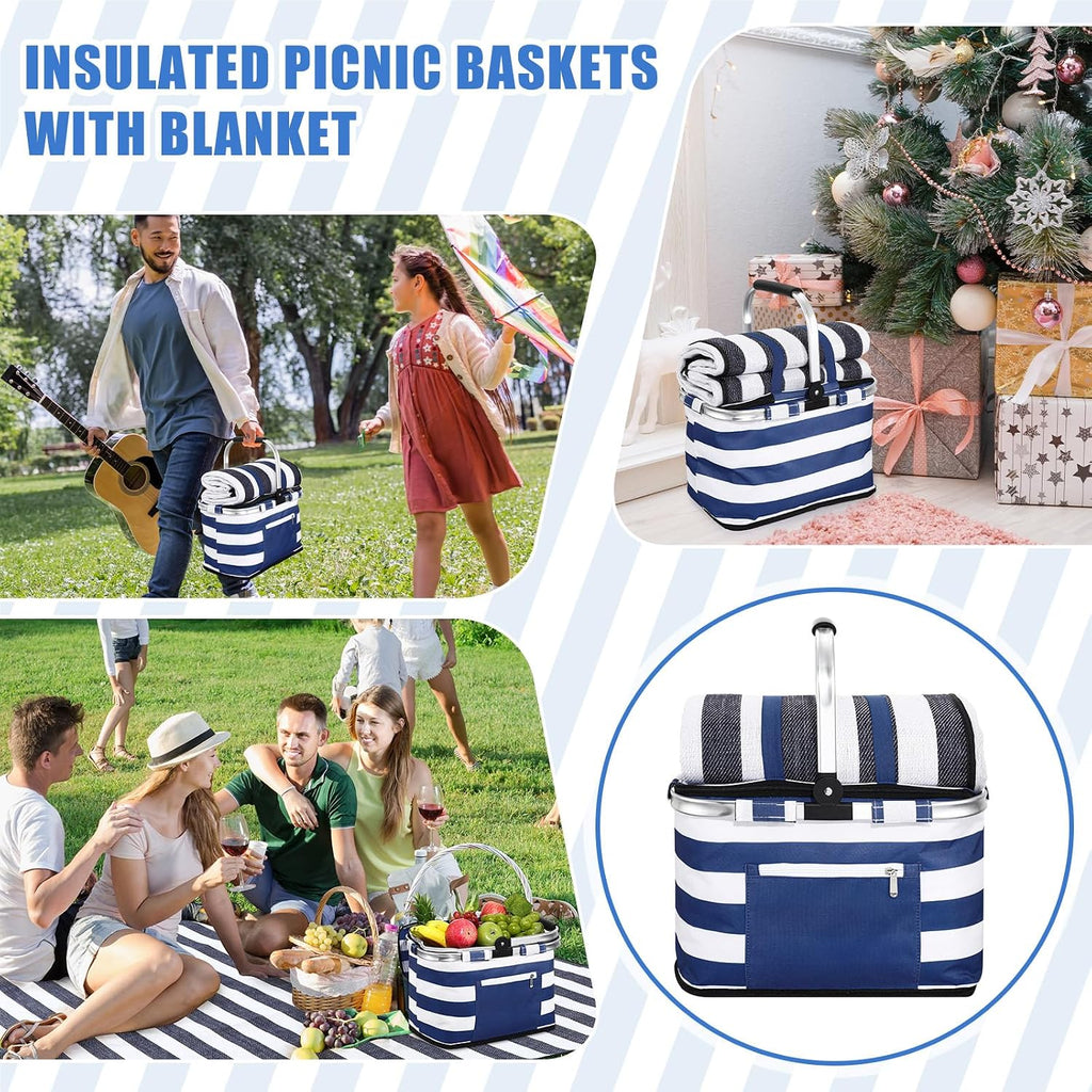 Teenyyou 35L Large Insulated Picnic Basket with Blankets Kit Shopping Basket Cooler Bag Leakproof Collapsible Portable
