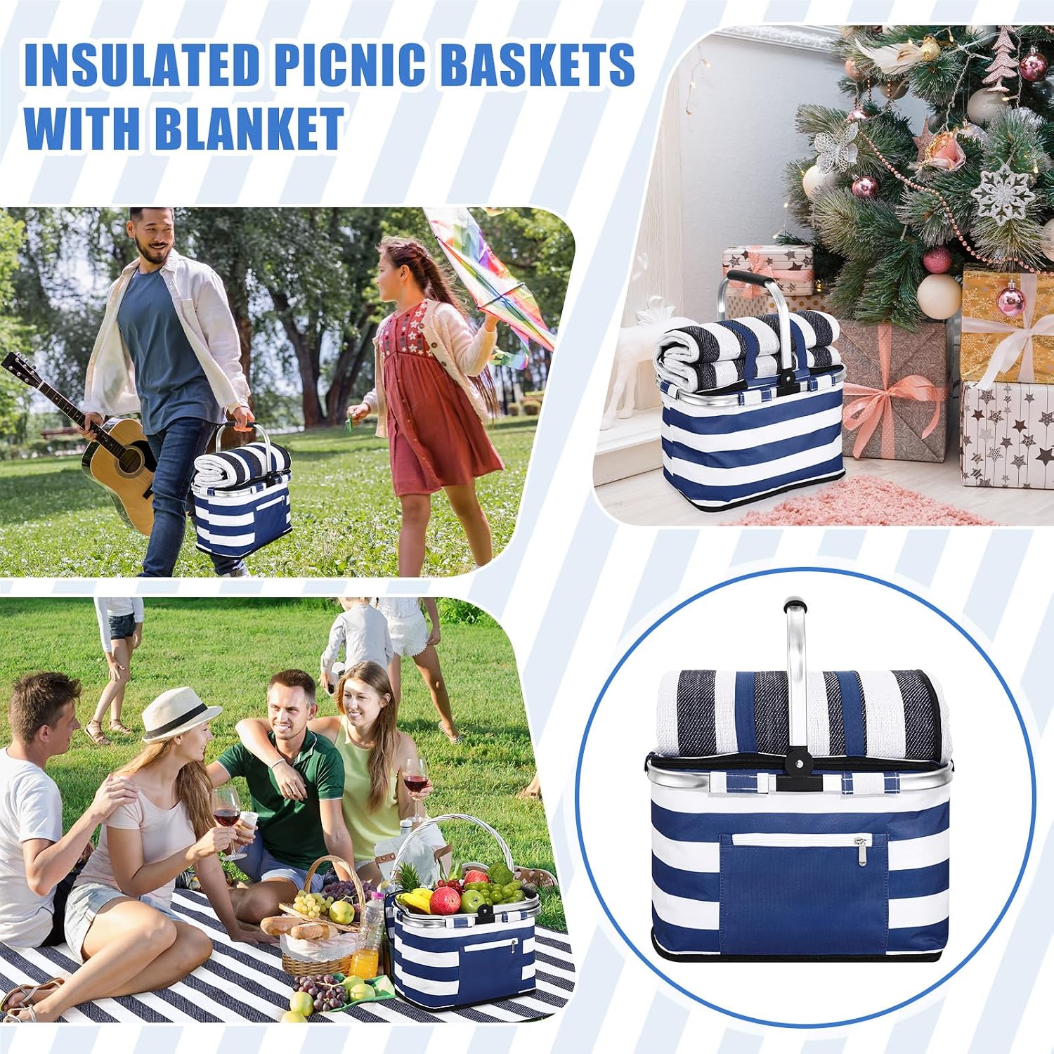 Teenyyou 35L Large Insulated Picnic Basket with Blankets Kit Shopping Basket Cooler Bag Leakproof Collapsible Portable
