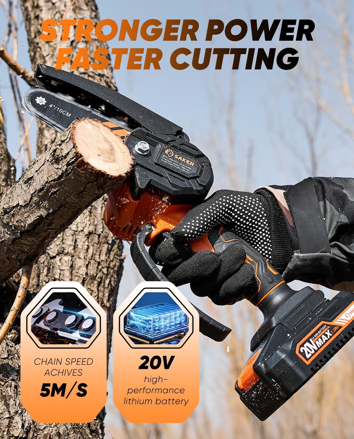 Saker Mini Chainsaw Cordless with 2 Batteries Orange | Portable Electric Chainsaws Cordless,Handheld Chain Saw Pruning