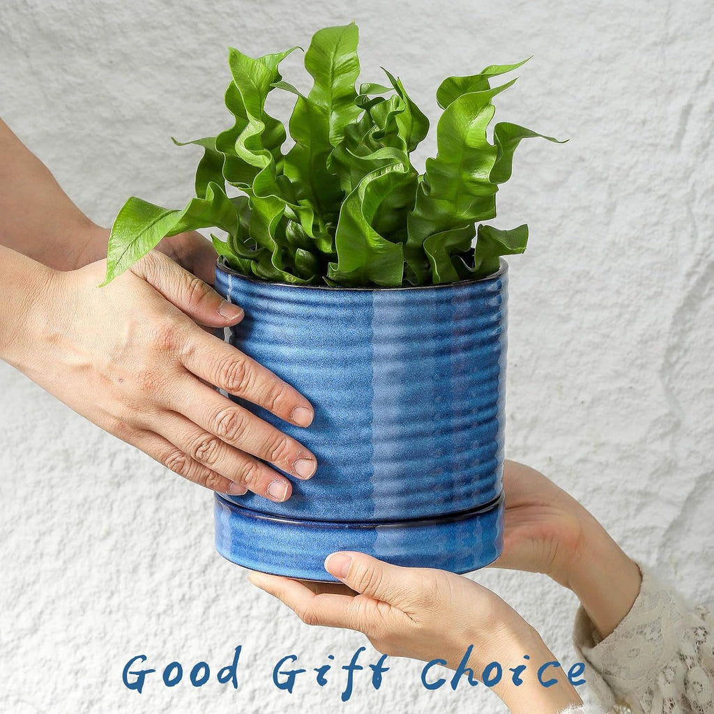 HASENSE Ceramic Plant Pot with Saucer, 6 Inch Planter for Indoor/Outdoor Plants with Drainage Hole,Blue Glazed Flower