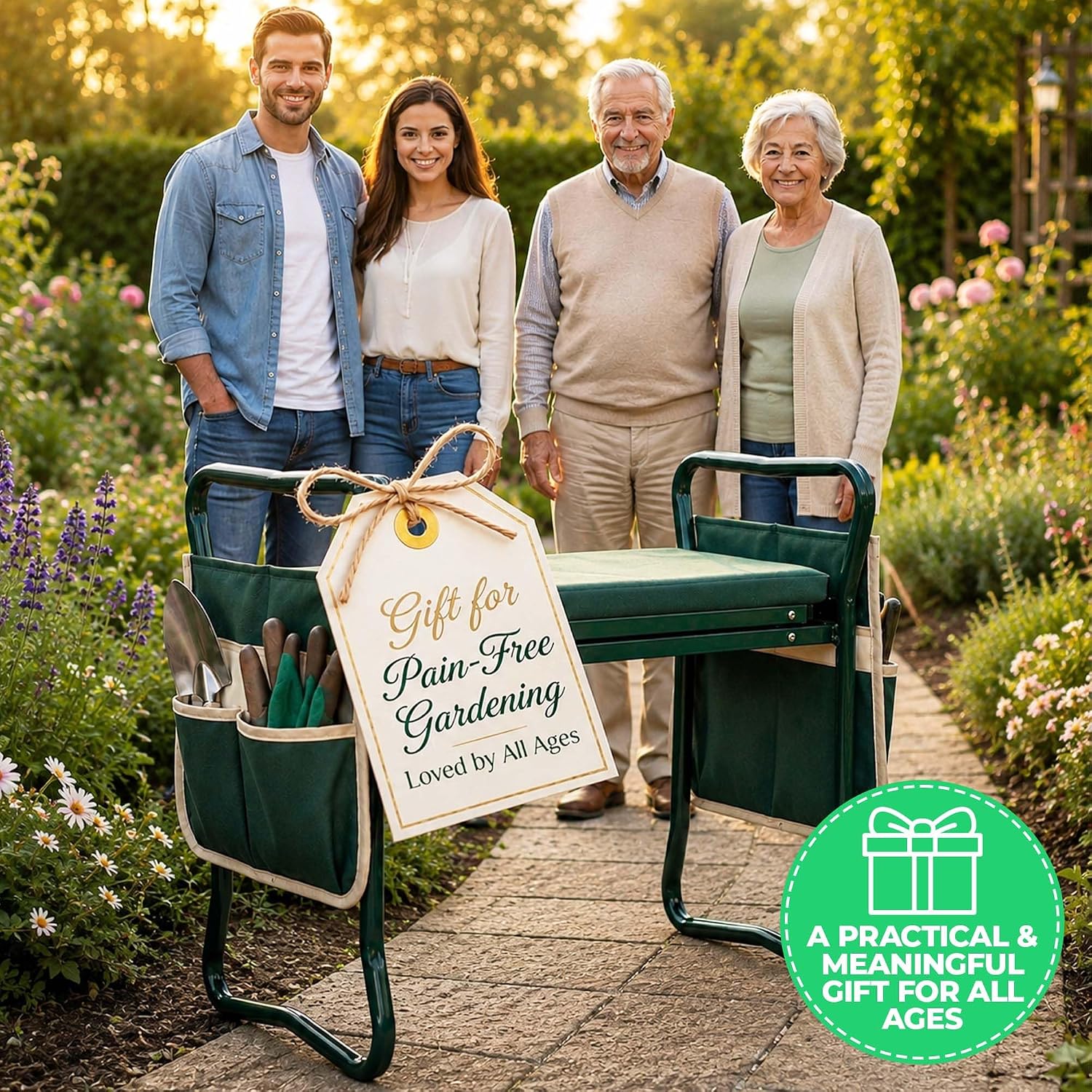 Flora Foldable Garden Kneeler and Seat – Heavy Duty Gardening Bench with Extra-Wide Soft Pad & 2 Tool Pouches – Durable