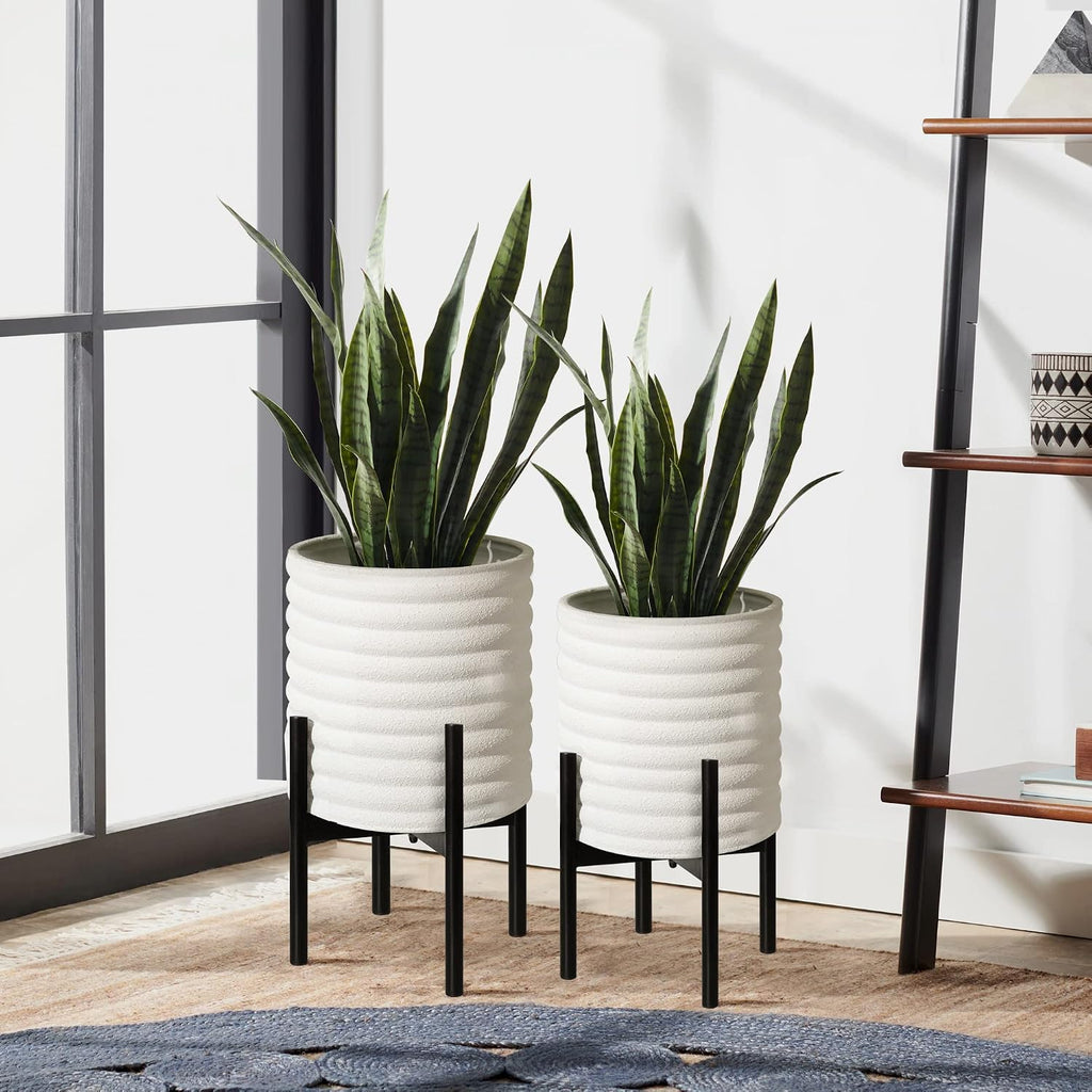 Oakrain Planters with Stand Set of 2 Decorative Indoor Outdoor Plants Pots | Mid-Century Modern Metal Flower Planer
