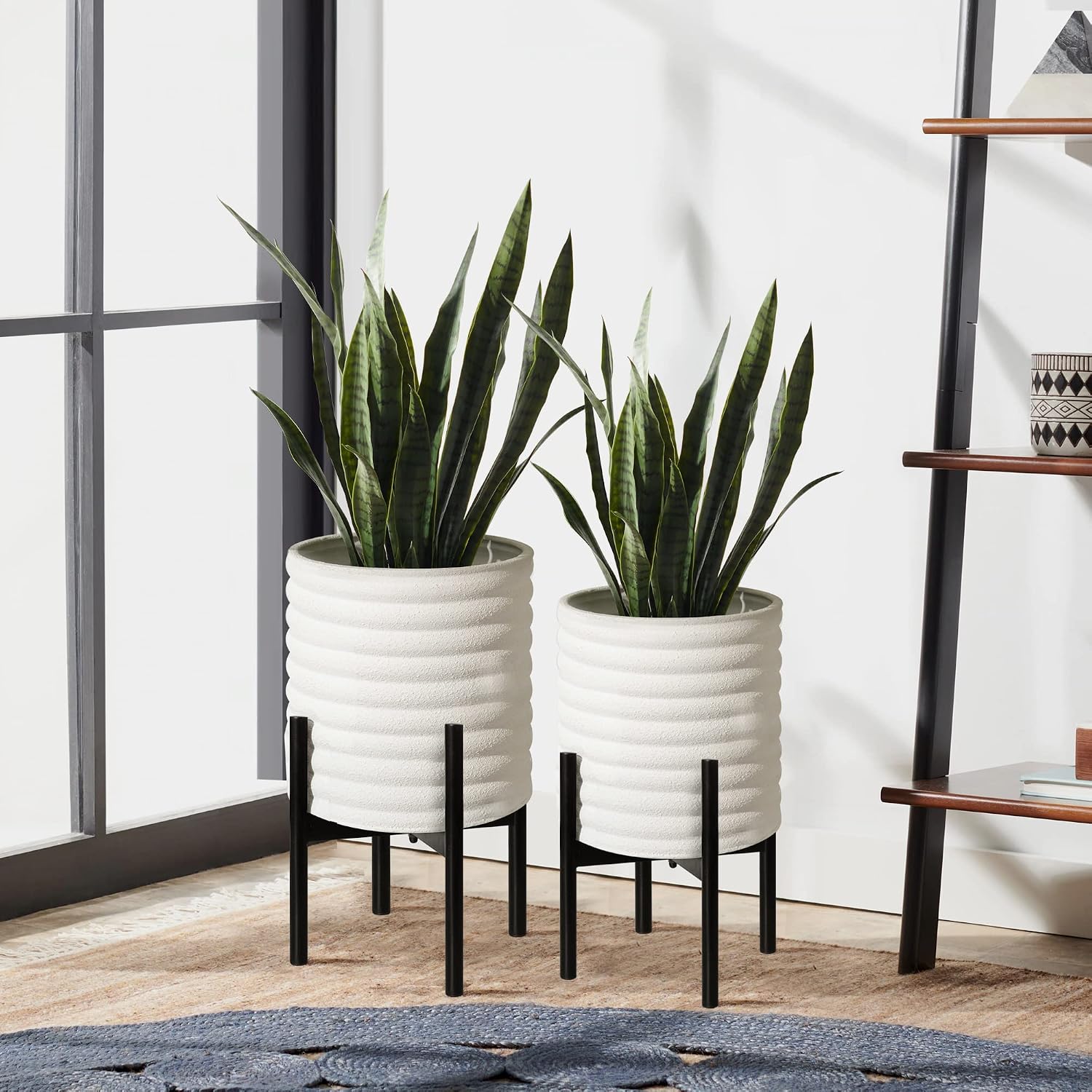 Oakrain Planters with Stand Set of 2 Decorative Indoor Outdoor Plants Pots | Mid-Century Modern Metal Flower Planer