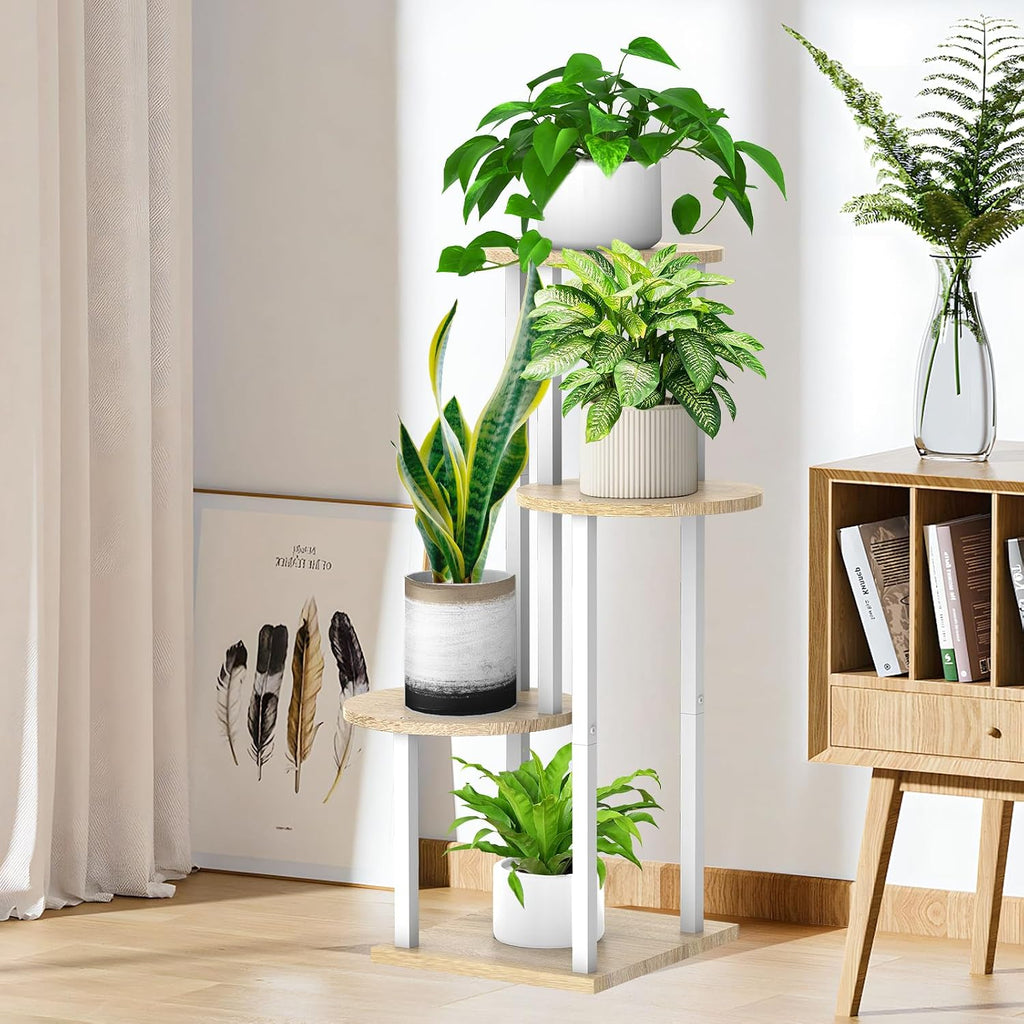4 Tier Wood Tall Plant Stand Metal Rack Indoor, Multiple Flower Pot Holder Shelves Corner Rack, Round Planter Shelf
