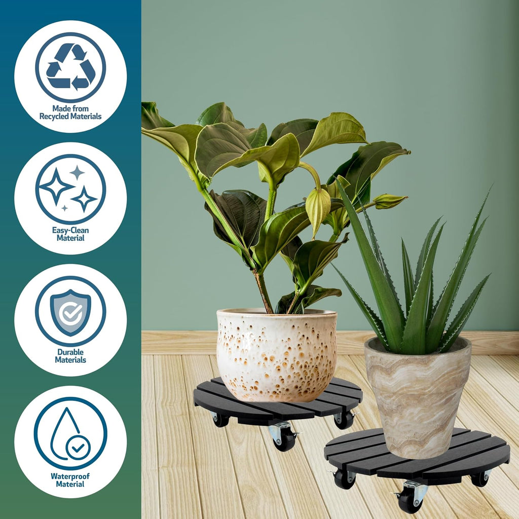 12" Plant Caddy, 2 Pack – Crafted from Recycled HDPE, 220 Lbs Capacity Dolly with 360-Degree Lockable Wheels for Plant